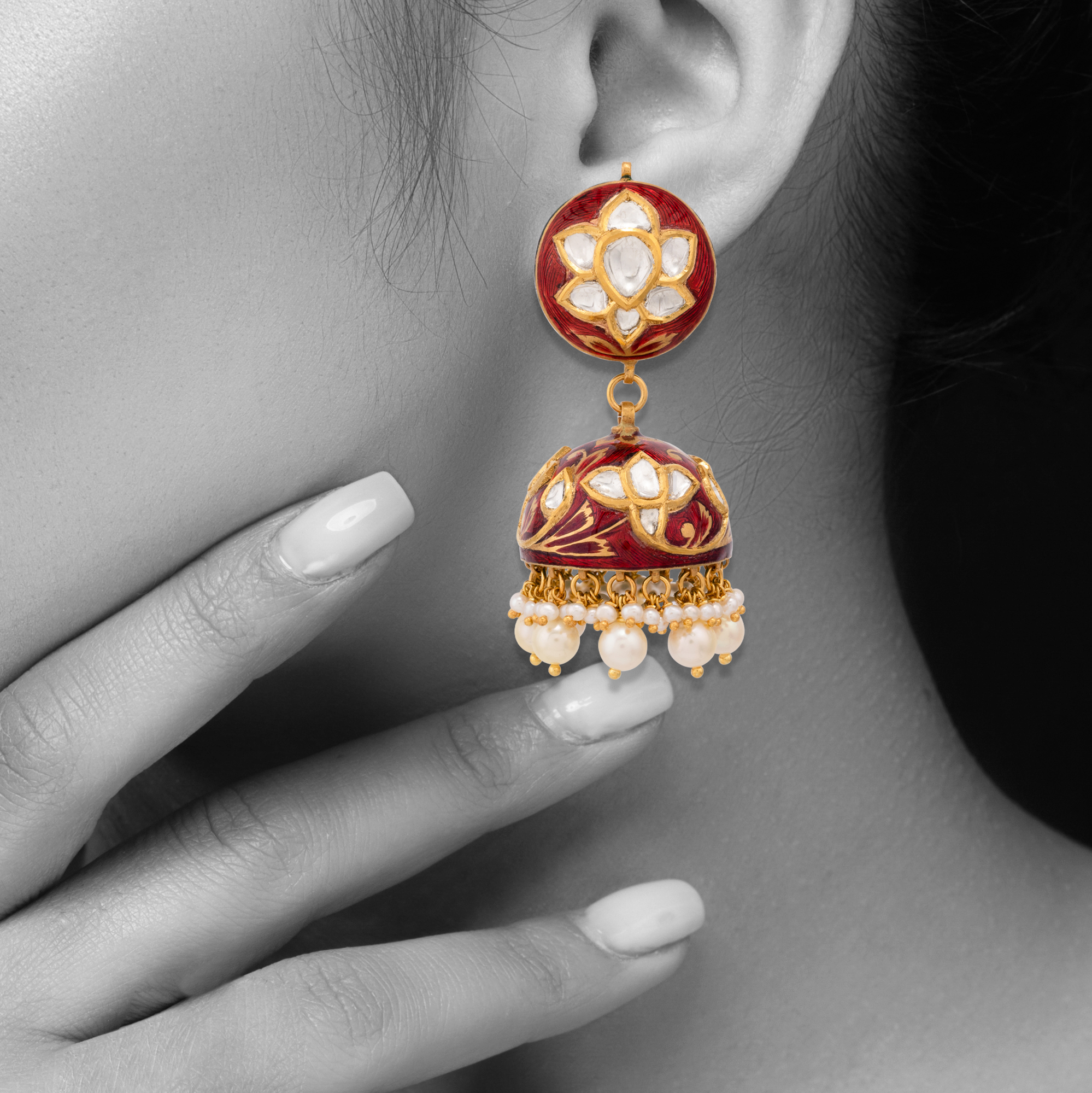 Floral Polki Jhumki with Red Enamel and Pearl Drops